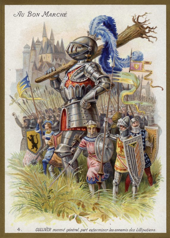 O Gulliver, nomeado general, propõe-se a exterminar os inimigos dos liliputianos (chromolitho) de French School