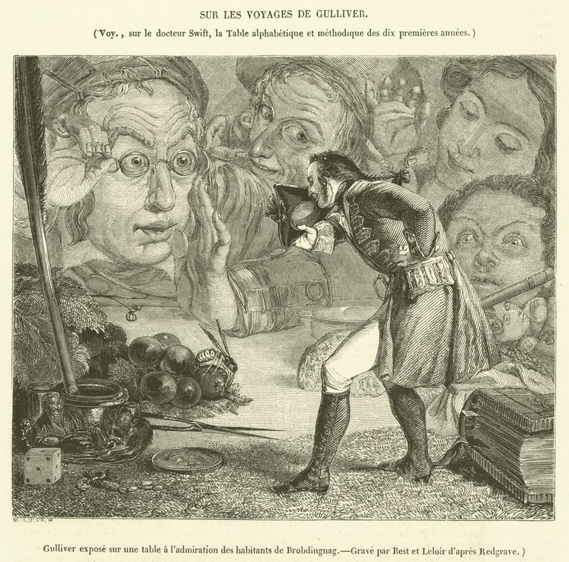 Gulliver exibido em uma mesa para a admiração dos habitantes de Brobdingnag (gravura) de French School