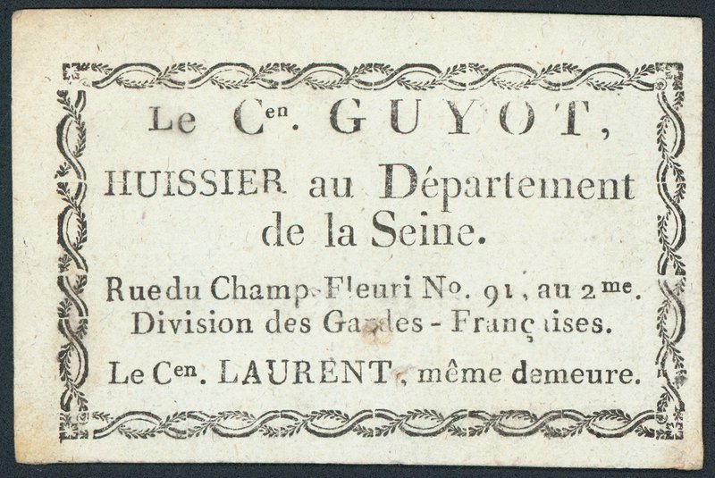 Guyot, oficial de justiça, cartão comercial de French School