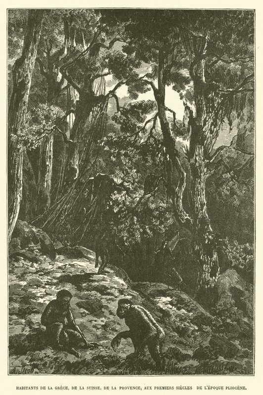 Habitantes da Grécia, Suíça, Provença, nos primeiros séculos da época do Plioceno (gravura) de French School