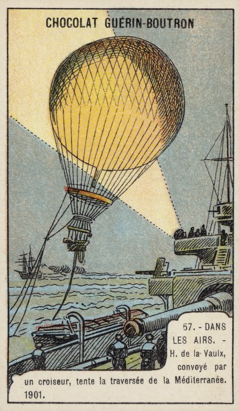 Henri de la Vaulx tentando um vôo de balão através do Mediterrâneo, escoltado por um cruzador de French School