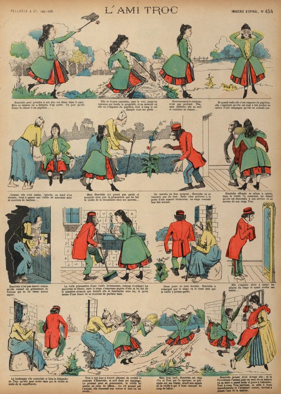 Henriette e Troc o Macaco (gravura colorida) de French School