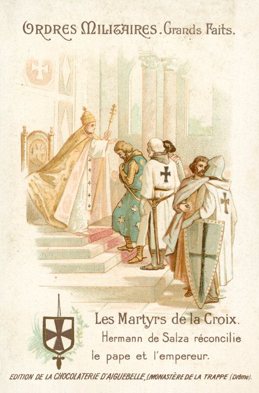 Hermann von Salza, Grão Mestre dos Cavaleiros Teutónicos, traz uma reconciliação entre o Papa Gregório IX e o Imperador Frederico II de French School