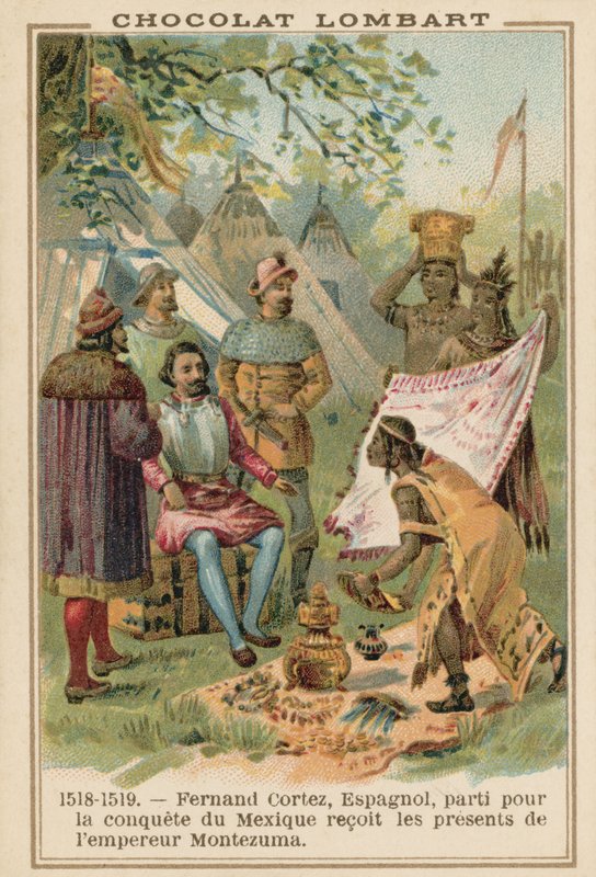 Hernan Cortes, conquistador espanhol, recebendo presentes do imperador asteca Montezuma, México, 1518-1519 de French School