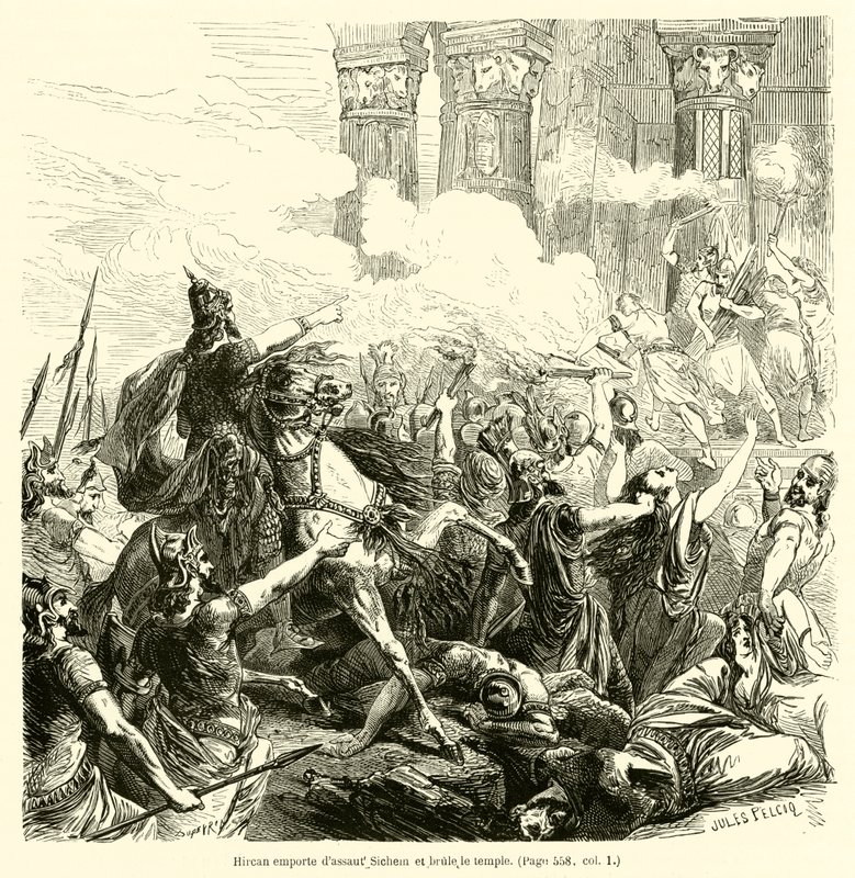 Tempestades de Hircan Shechem e queima o templo (gravura) de French School