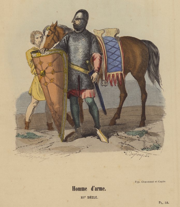 O homem de armas, século XII (gravura colorida) de French School