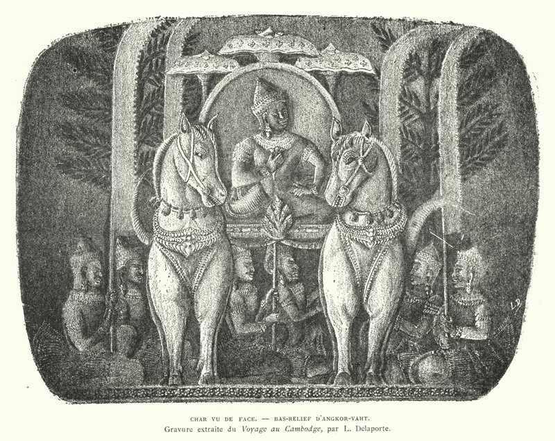 Carruagem desenhada a cavalo, baixo-relevo do templo de Angkor Wat, Camboja (gravura) de French School