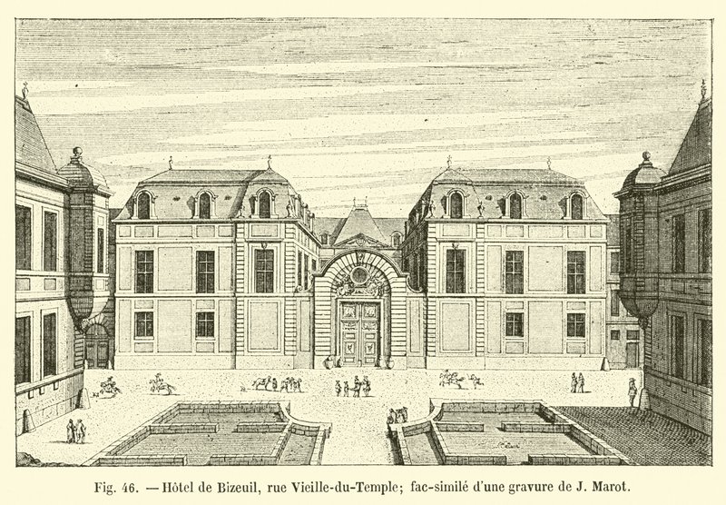 Hotel de Bizeuil, rua Vieille-du-Temple; fac-símile de uma gravura de J Marot de French School