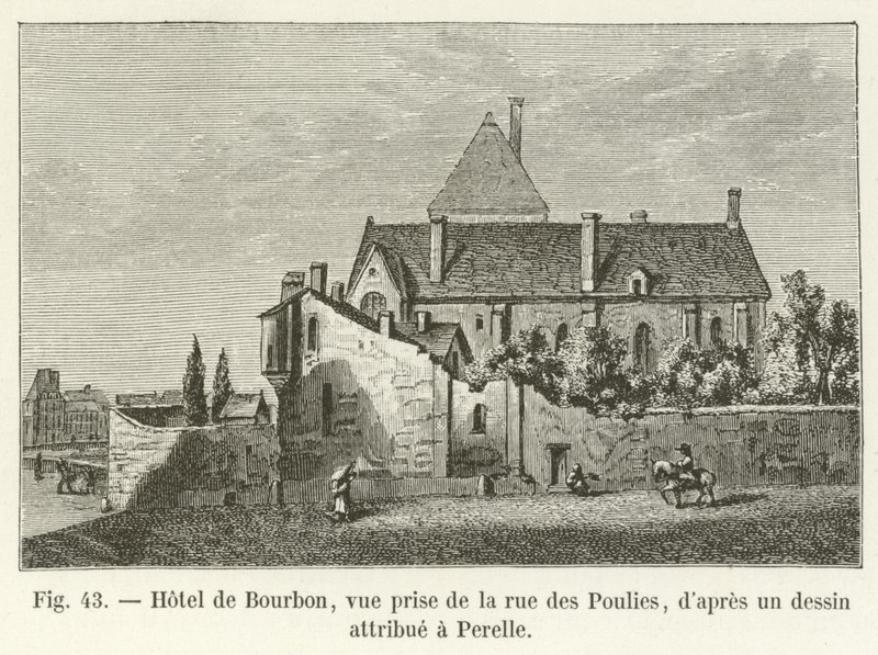 Hotel de Bourbon, vista da rue des Poulies, de um desenho atribuído a Perelle de French School