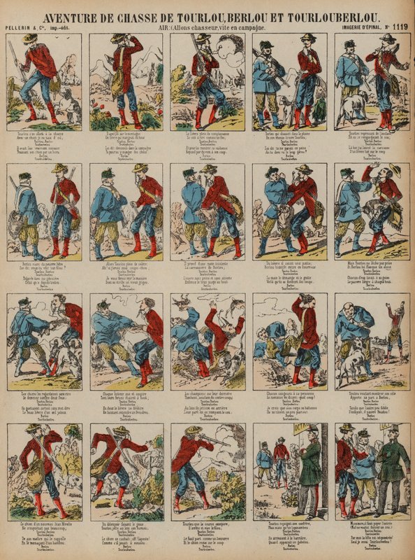 Aventura de caça de Tourlou, Berlou e Tourlouberlou (gravura colorida) de French School