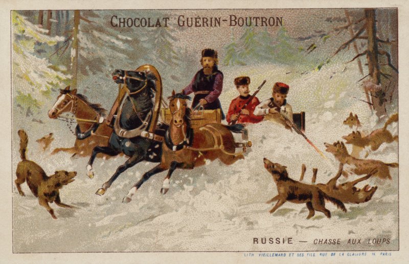 Caça aos lobos, Rússia (chromolitho) de French School