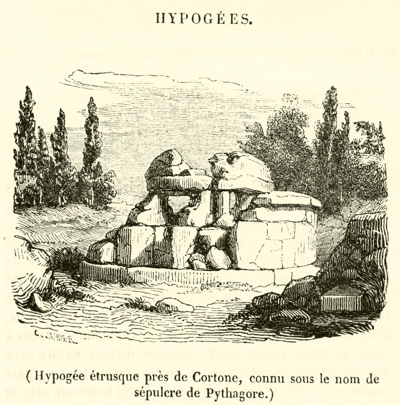 Hipogeu etrusco perto de Cortona, conhecido como o sepulcro de Pitágoras (gravura) de French School