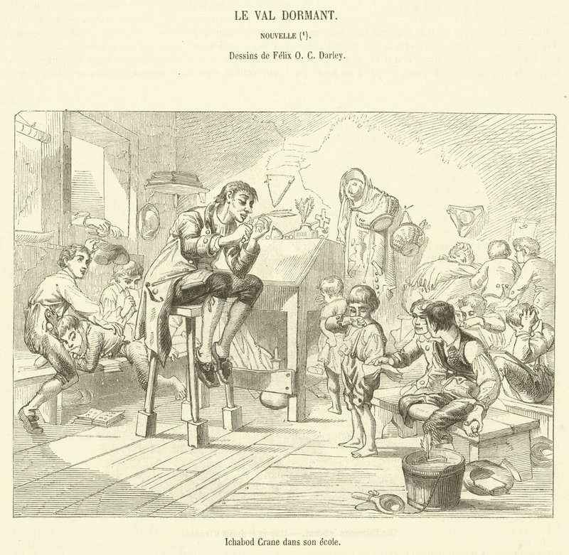 Ichabod Crane dans son ecole (gravura) de French School