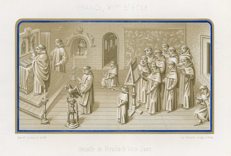 Imagem em grisaille de The Miracles of Our Lady de French School