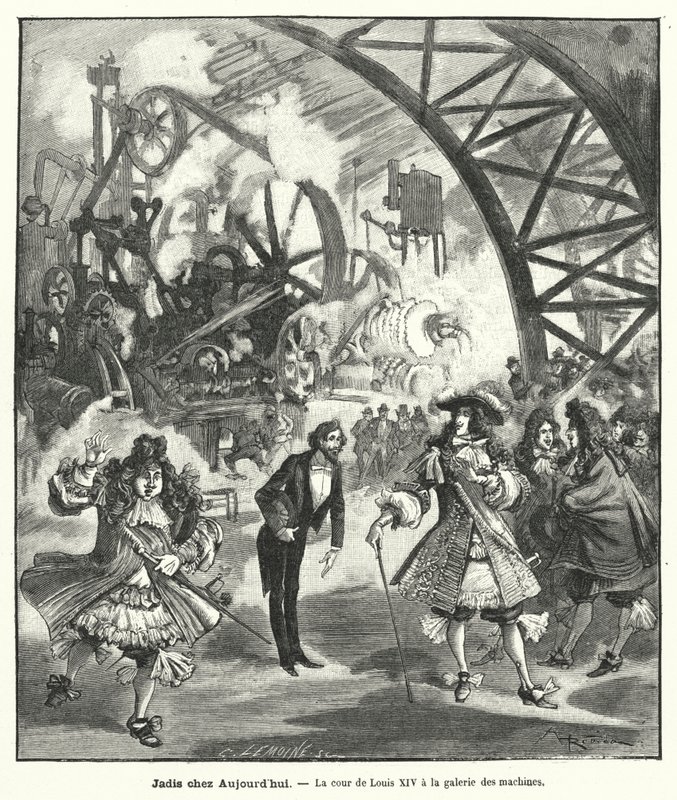 Visita imaginária do Rei Luís XIV e da sua corte ao Pavilhão de Máquinas da Exposição Universelle de Paris em 1889 (gravura) de French School