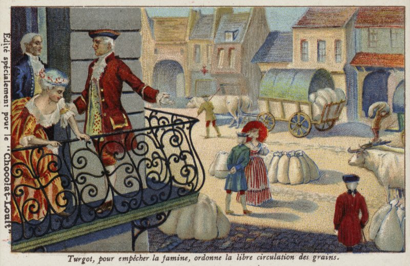 A fim de evitar a fome, Anne-Robert-Jacques Turgot ordena a distribuição gratuita de grãos, França, c1770 de French School