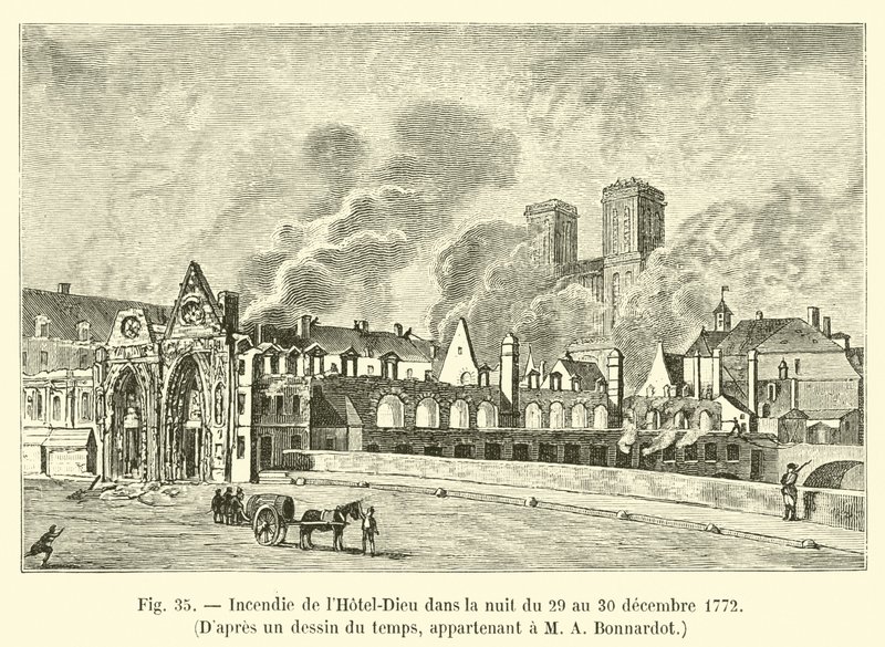 Incêndio do Hotel-Dieu na noite de 29 de dezembro a 30 de 1772, Dapres um desenho do tempo, pertencente a MA Bonnardot de French School