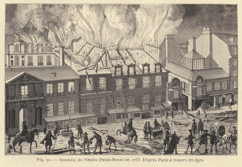 Incêndio na Ópera, Palais-Royal, em 1763 (gravura) de French School