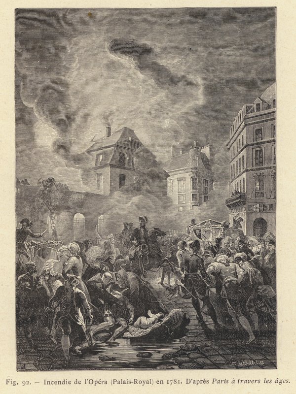 Incêndio na Ópera, Palais-Royal, em 1781 (gravura) de French School