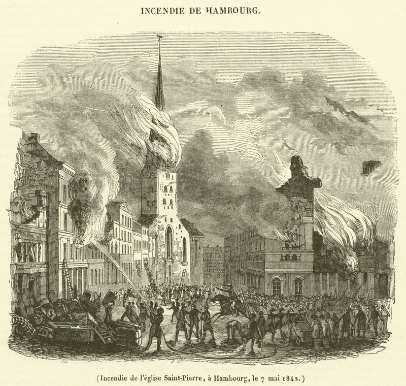 Incêndio na Igreja de São Pedro, Hamburgo, 7 de Maio de 1842 (gravura) de French School