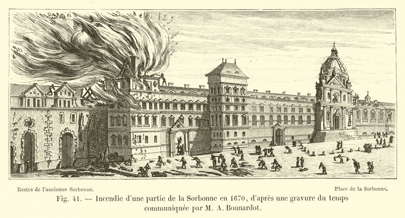 Incêndio de uma parte da Sorbonne em 1670, depois de uma gravura da época comunicada por MA Bonnardot de French School
