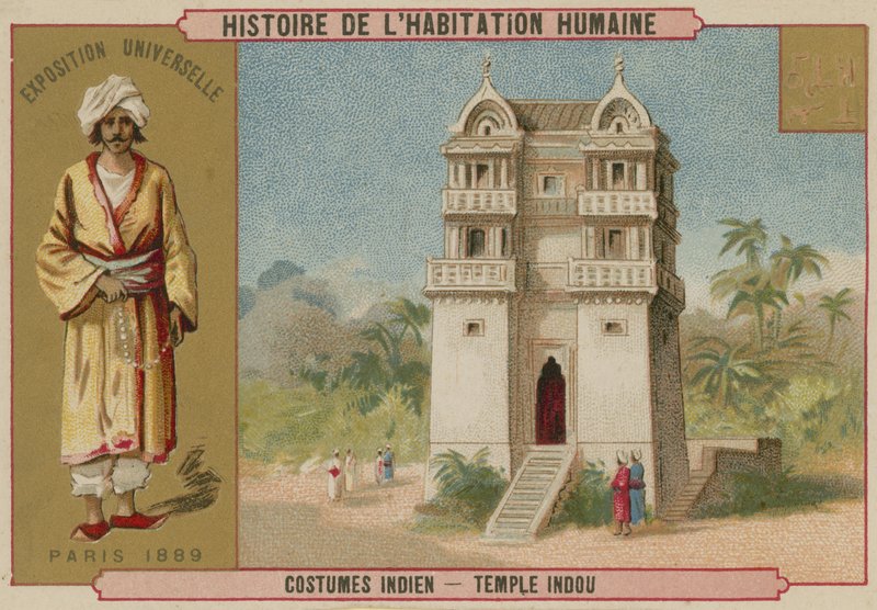 Traje indiano e um templo hindu de French School