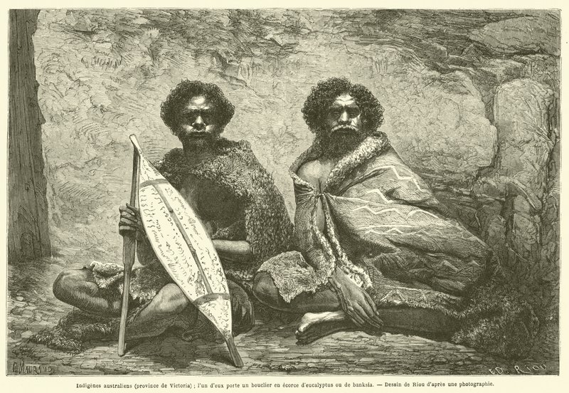 Indígenas australianos (província de Victoria); um deles carrega um escudo feito de eucalipto ou casca de bankia (gravura) de French School