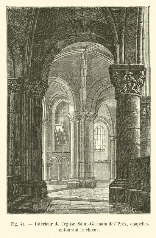 Dentro da igreja de Saint-Germain des Pres, capelas que cercam o coro de French School