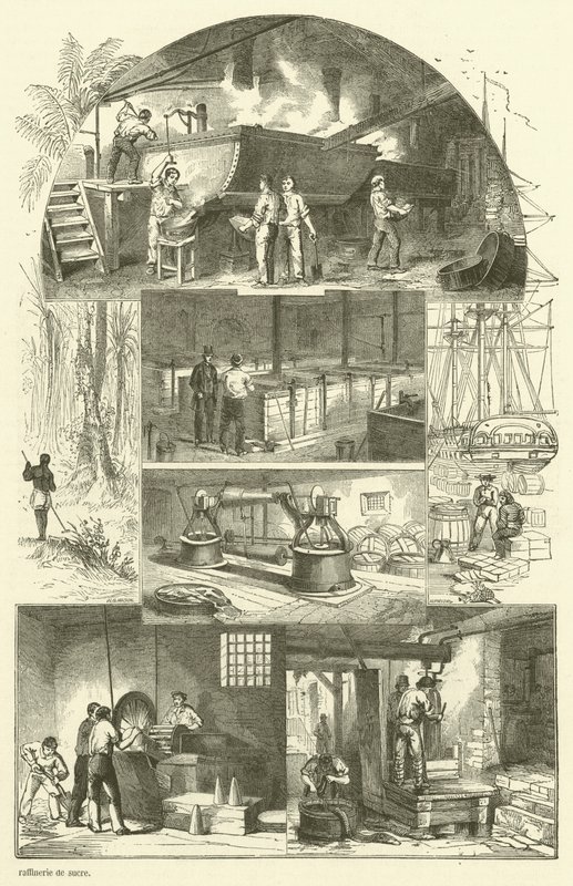 Interior de uma refinaria de açúcar (gravura) de French School