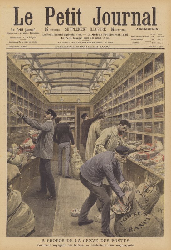 Interior de um vagão de correio em um trem francês (cor litho) de French School