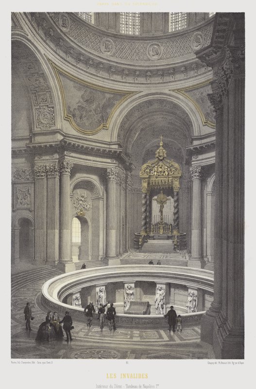 Interior da cúpula e túmulo de Napoleão I, Les Invalides, Paris (cor litho) de French School