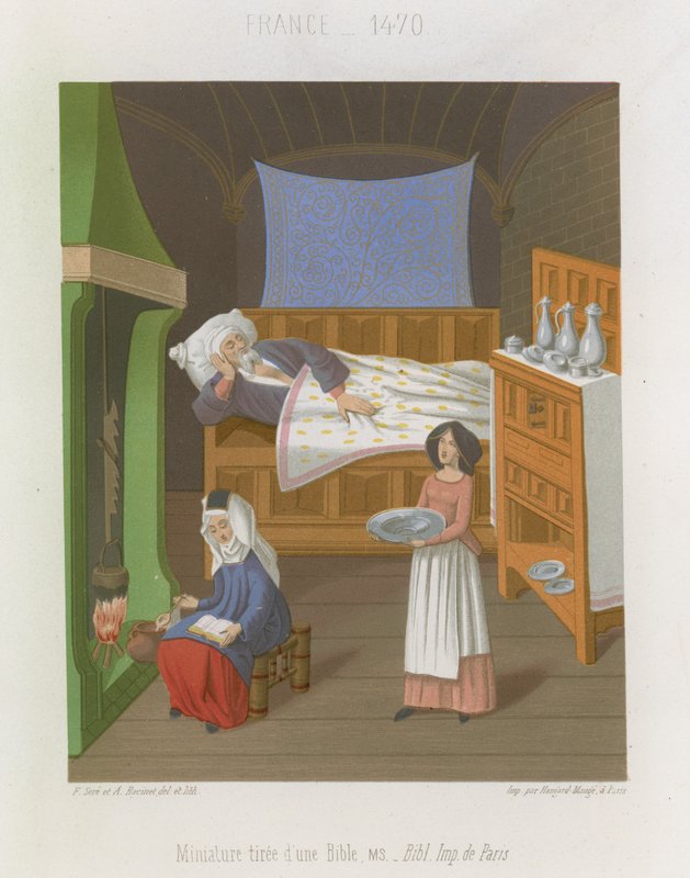 Cena interior, com, um, homem, cama, como, um, duas mulheres, preparar, alimento de French School