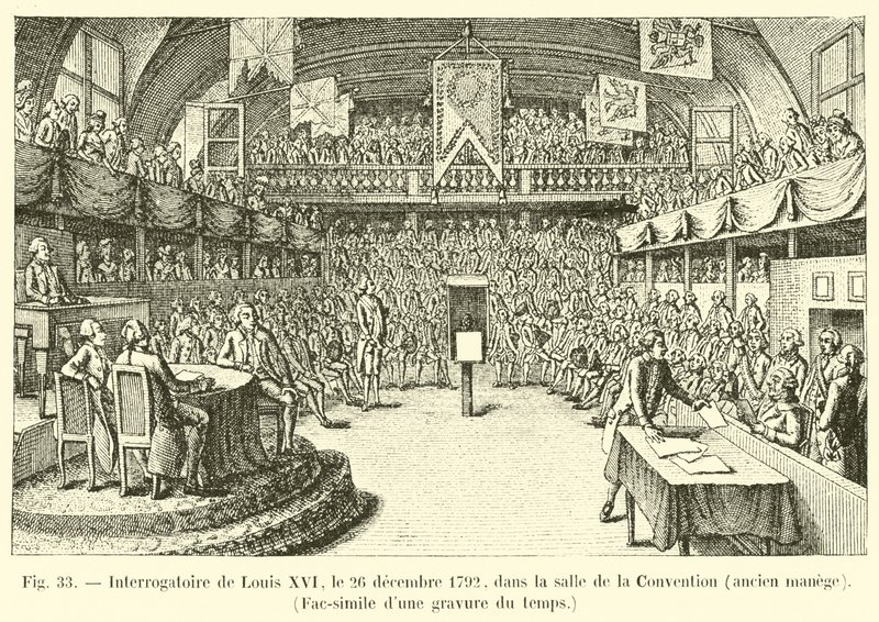 Exame de Luís XVI, 26 de dezembro de 1792, no Salão de Convenções, antigo manege, Fac-símile de uma gravura do tempo de French School