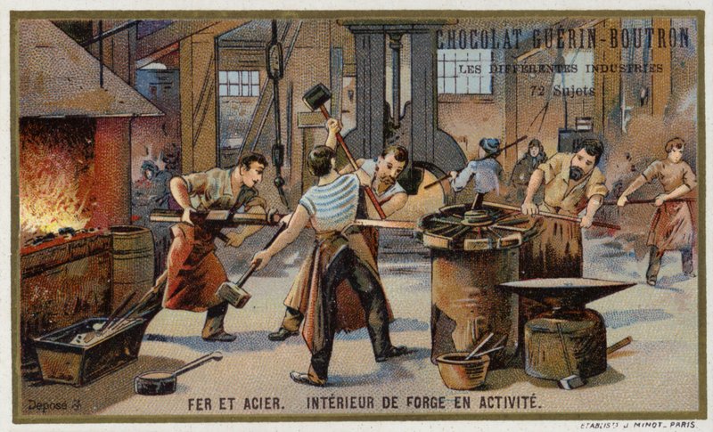 Ferro e aço. Interior de uma ferraria ocupada (chromolitho) de French School