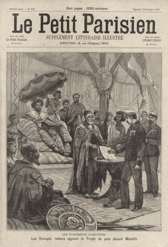 Enviados italianos assinam o tratado de paz para pôr fim à Primeira Guerra Ítalo-Etiópia antes do Imperador Menelik II da Etiópia de French School