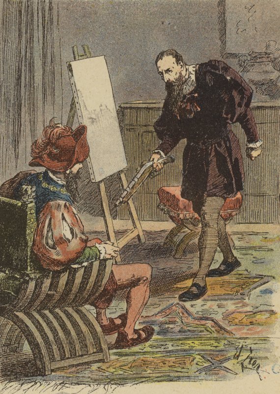 O pintor italiano Tintoretto aproxima-se de Pietro Aretino, armado com uma pistola, para tirar as suas medidas para o seu retrato de French School