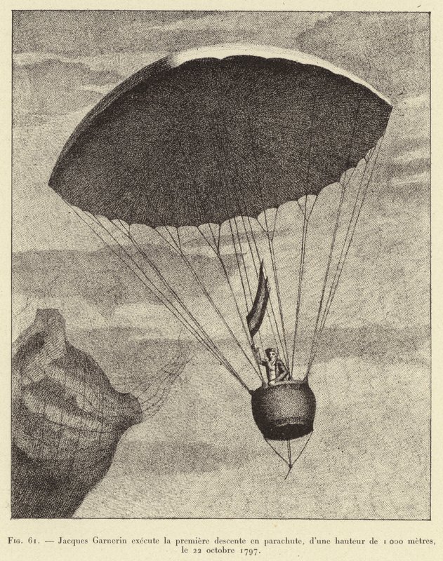 Jacques Garnerin realiza a primeira descida de pára-quedas, de uma altura de 1000 metros, 22 de outubro de 1797 de French School