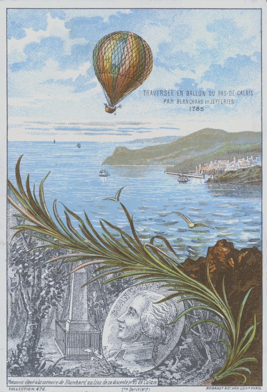 Jean-Pierre Blanchard e John Jeffries fazendo o primeiro vôo de balão através do Canal da Mancha, 7 de Janeiro de 1785 (cor litho) de French School