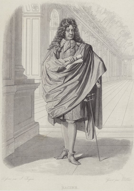 Jean Racine, dramaturgo francês, no Salão dos Espelhos em Versalhes (gravura) de French School