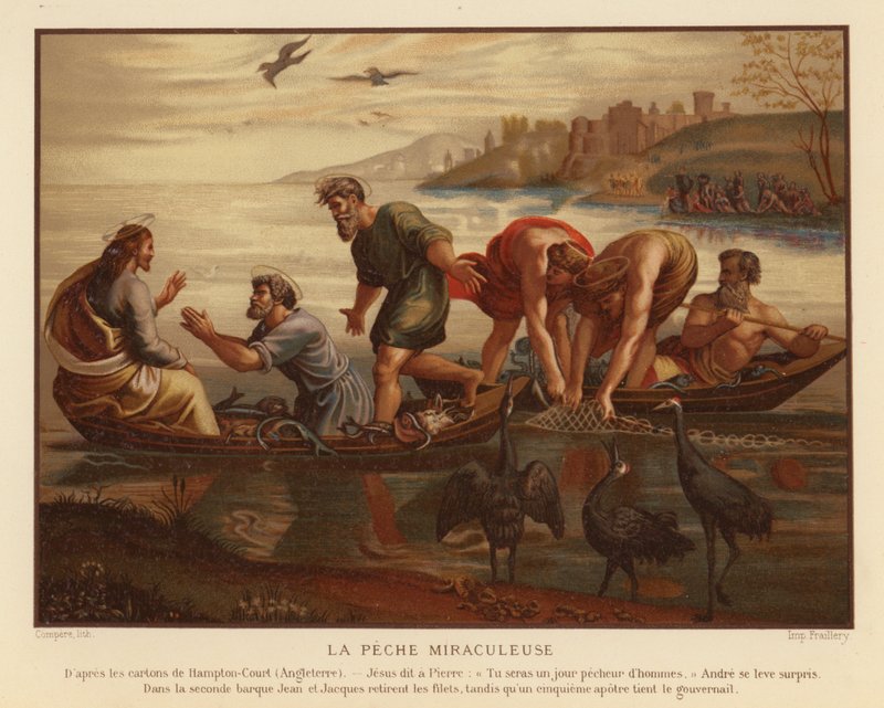 Jesus Cristo e o projecto milagroso de peixes (chromolitho) de French School