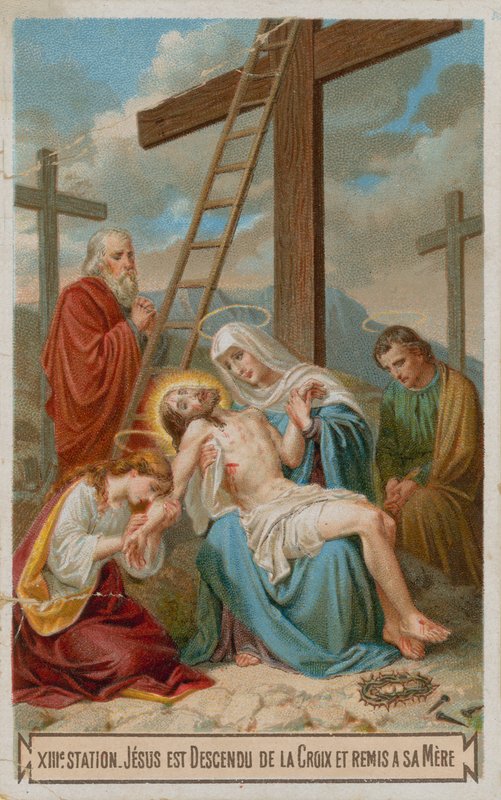 Jesus é retirado da cruz e restaurado para sua mãe. A décima terceira estação da cruz de French School