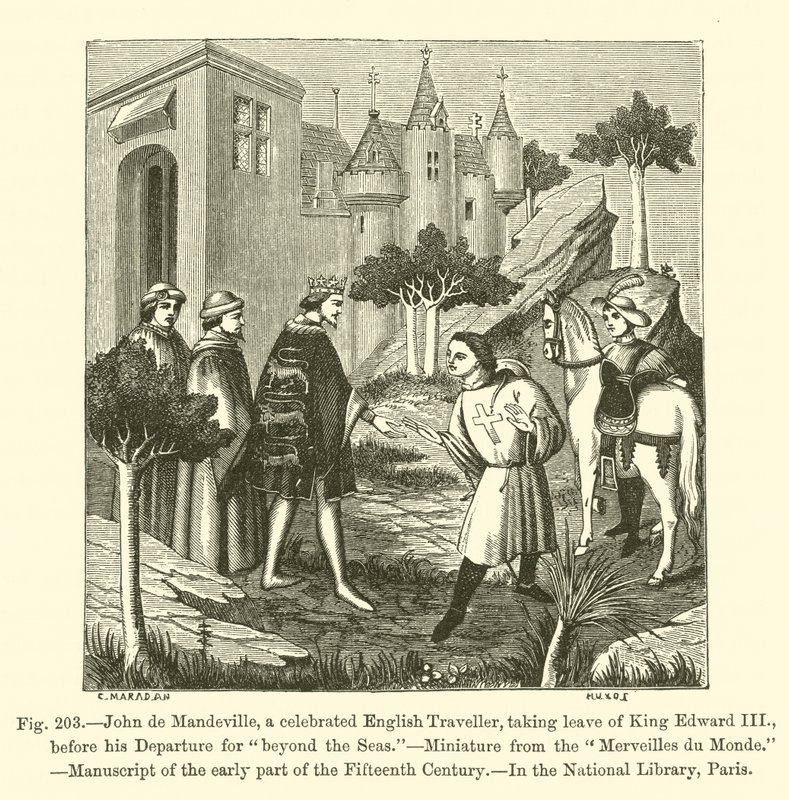 John de Mandeville, um célebre Viajante Inglês, em licença do Rei Eduardo III, antes da sua partida para "além dos mares" (gravura) de French School