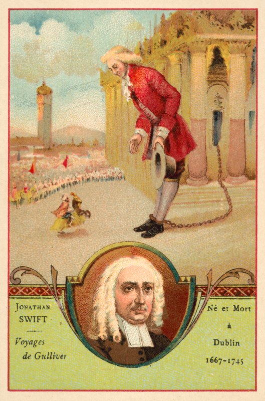 Jonathan Swift, autor irlandês, e uma cena do seu romance Viagens de Gulliver (chromolitho) de French School