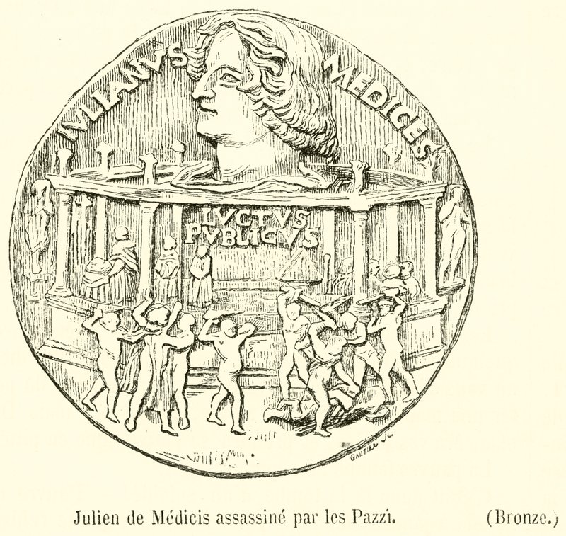 Juliano de Medici assassinado pelos Pazzis, Bronze (gravura) de French School