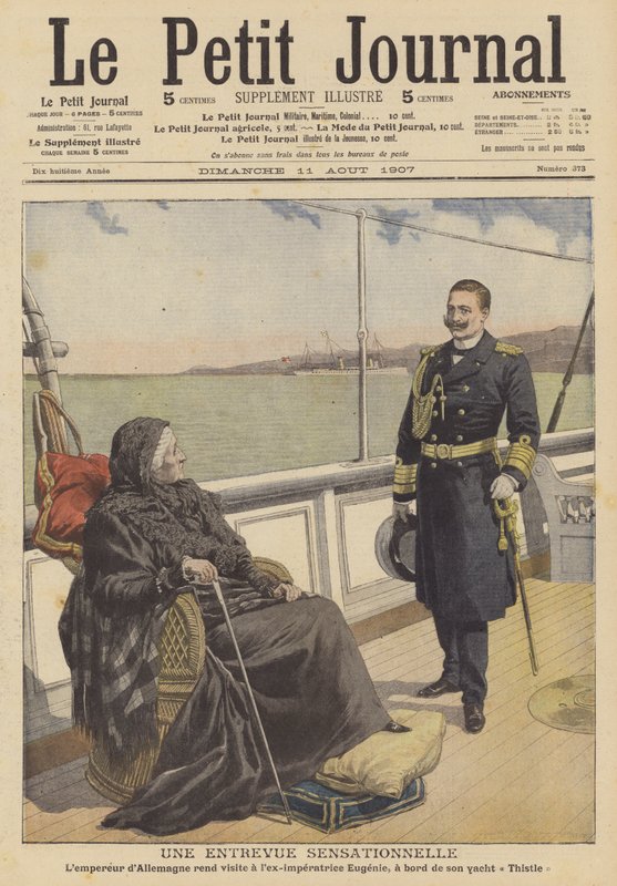 Kaiser Wilhelm II da Alemanha visitando a ex-Empress Eugenie, viúva de Napoleão III da França, em seu iate Thistle (cor litho) de French School