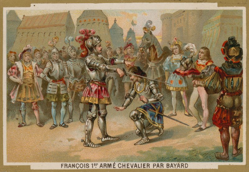 Rei Carlos I da França, cavaleiro de Chevalier de Bayard após a Batalha de Marignano, 1515 de French School