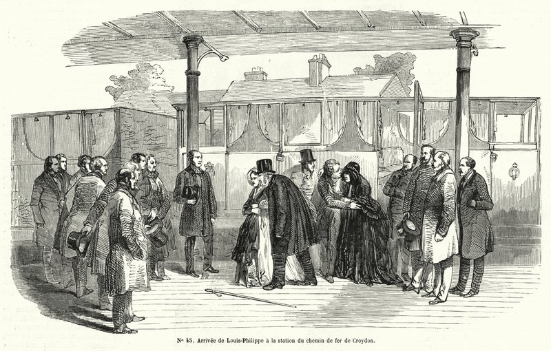 Rei Louis-Philippe da França chegando à estação ferroviária de Croydon depois de ser forçado ao exílio, fevereiro de 1848 (gravura) de French School