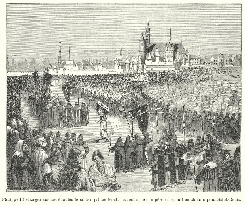 O Rei Filipe III de França levando os ossos de seu pai, Luís IX, ao seu enterro na Basílica de St. Denis, Paris de French School