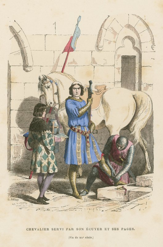 Cavaleiro sendo atendido por seu escudeiro e página, final do século XII de French School