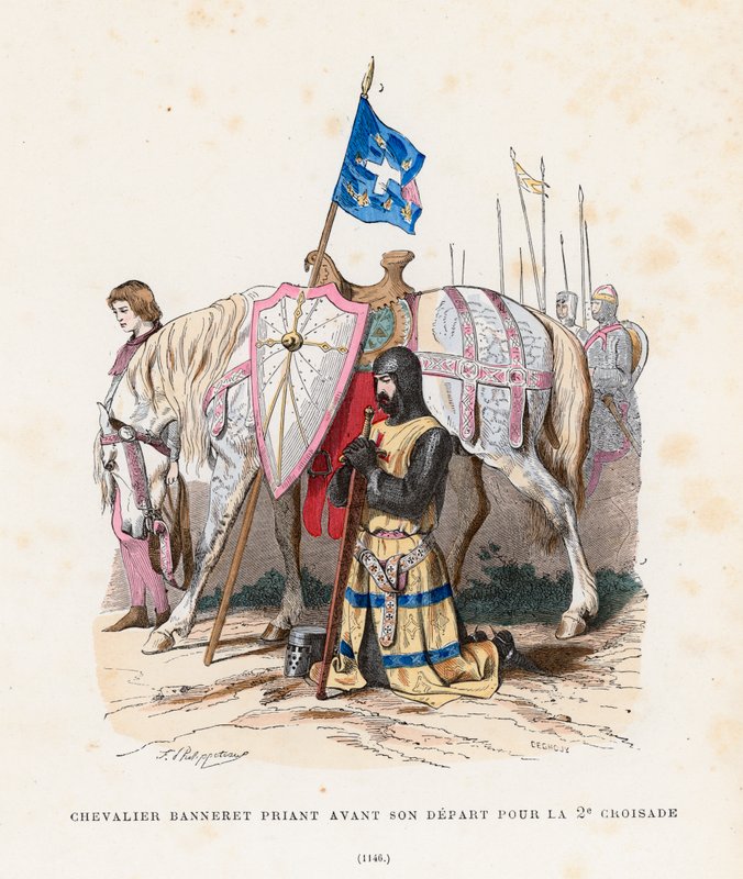 Cavaleiro rezando antes de partir para a Segunda Cruzada, 1146 de French School